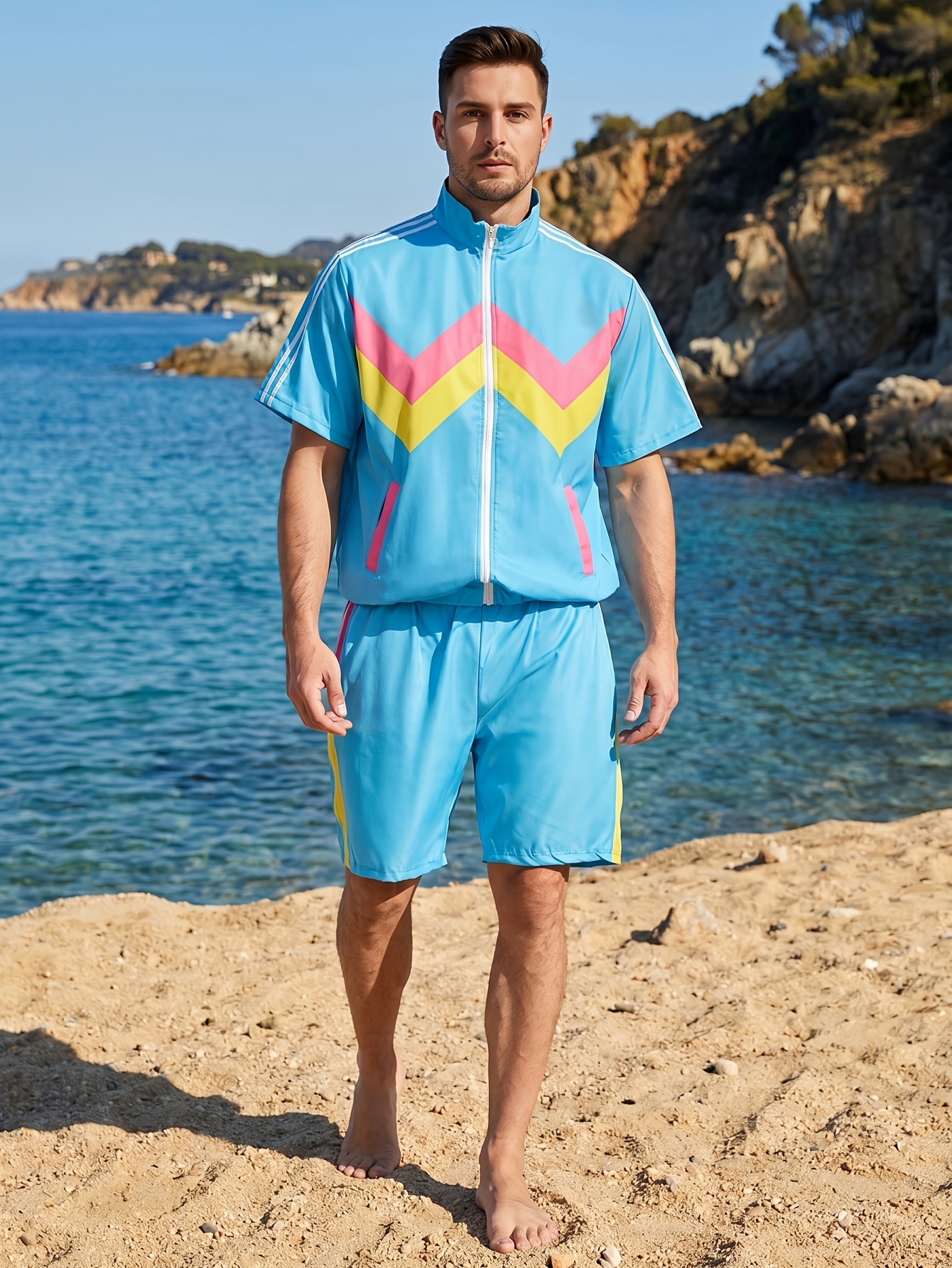 Men's 80s Workout Costume, Retro Color Block Sports Outfit